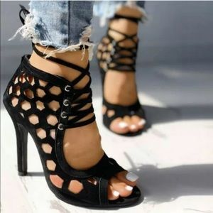 Black suede cage lace up bootie heels